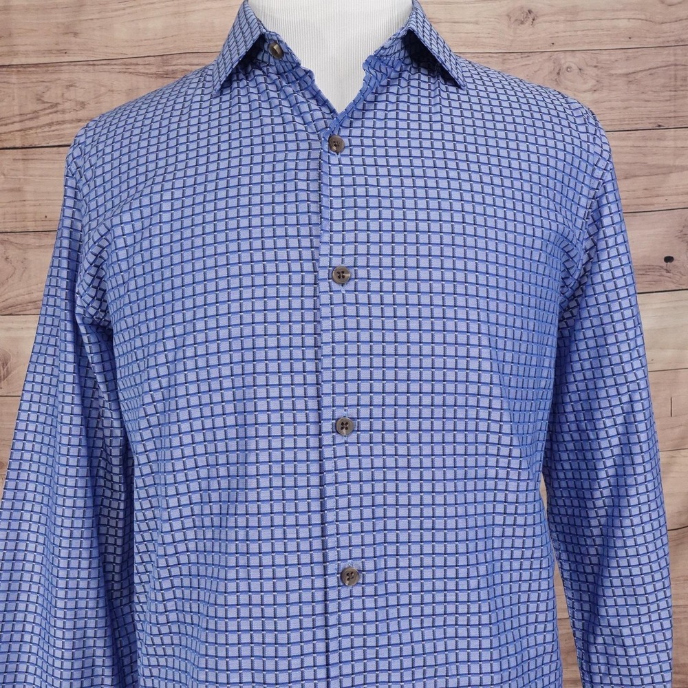 Tasso Elba Dress Shirt Mens 17-17.5 XL Blue Check Long Sleeve Button-Front